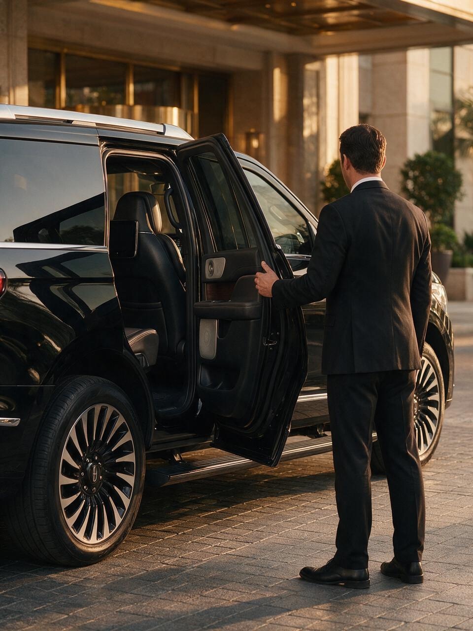 Chauffeur opening the door of a black Lincoln Navigator
