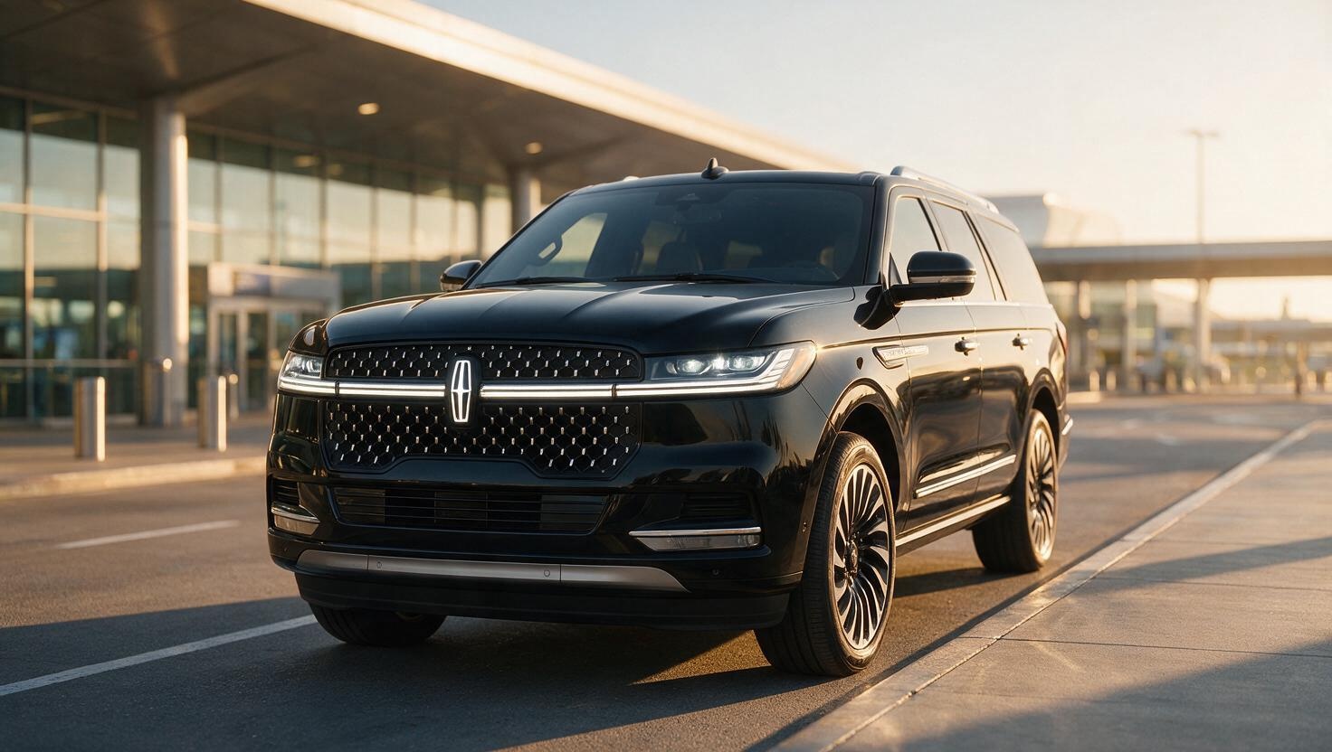 2025 Black Lincoln Navigator at O'Hare Airport terminal at golden hour